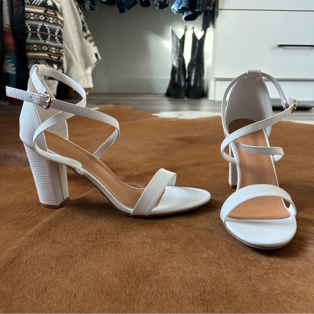 White Lizard Embossed Strappy Heels